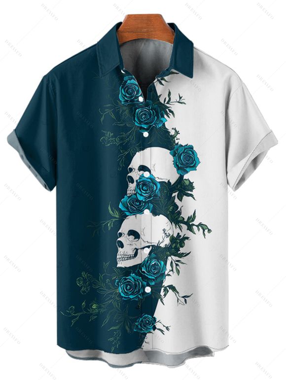 Chemise gothique monochrome à manches courtes et boutons pour homme, motif tête de mort et roses, style vacances - Bleu profond 5XL