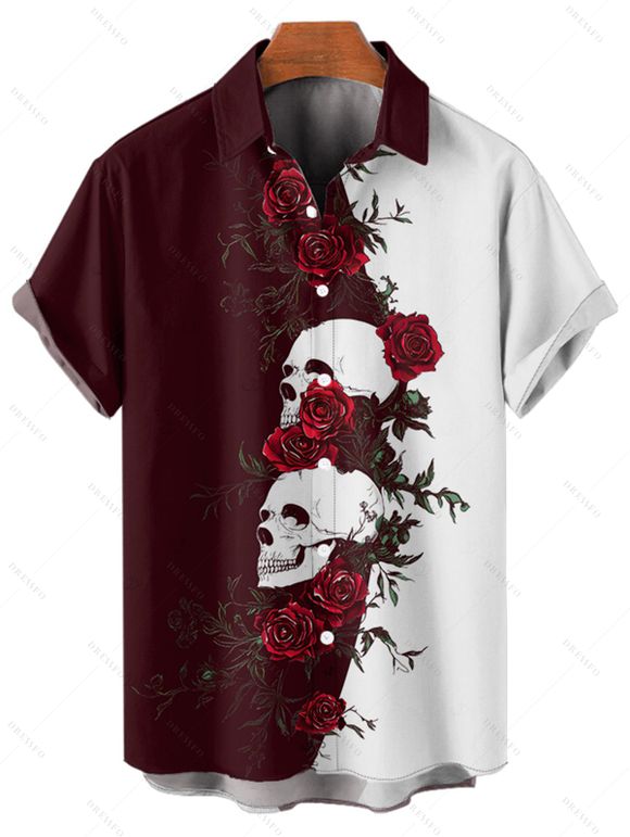 Chemise gothique monochrome à manches courtes et boutons pour homme, motif tête de mort et roses, style vacances - Rouge foncé 5XL