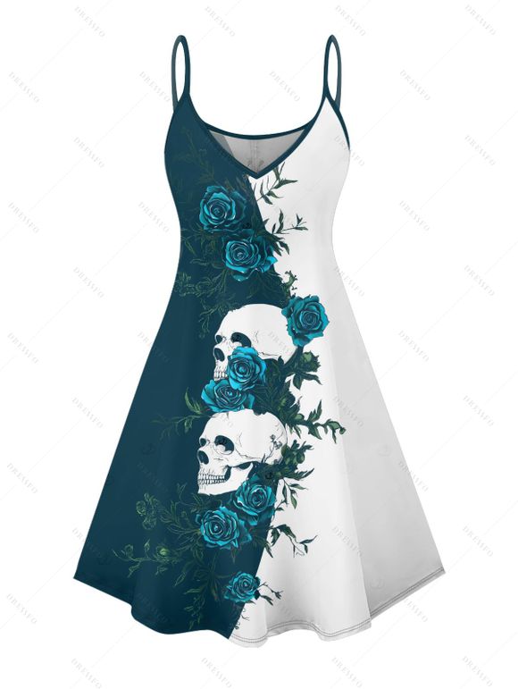 Robe gothique monochrome à motif de crânes de roses, bretelles spaghetti, col en V, coupe trapèze, mini-robe débardeur de vacances - Bleu profond XXXXXL | US 20