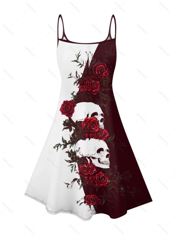 Robe gothique monochrome à motif de crânes de roses, bretelles spaghetti, col en V, coupe trapèze, mini-robe débardeur de vacances - Rouge foncé XXXXL | US 18