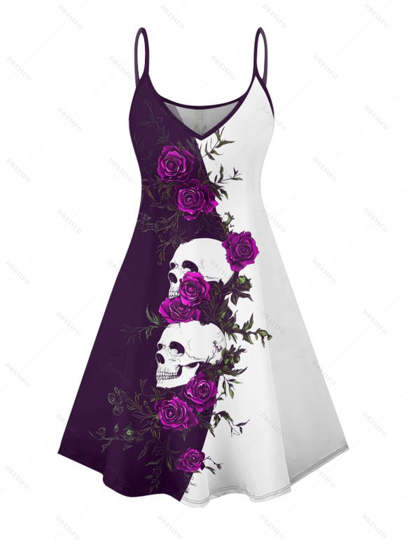 Robe gothique monochrome à motif de crânes de roses, bretelles spaghetti, col en V, coupe trapèze, mini-robe débardeur de vacances - Concorde XXXL | US 16