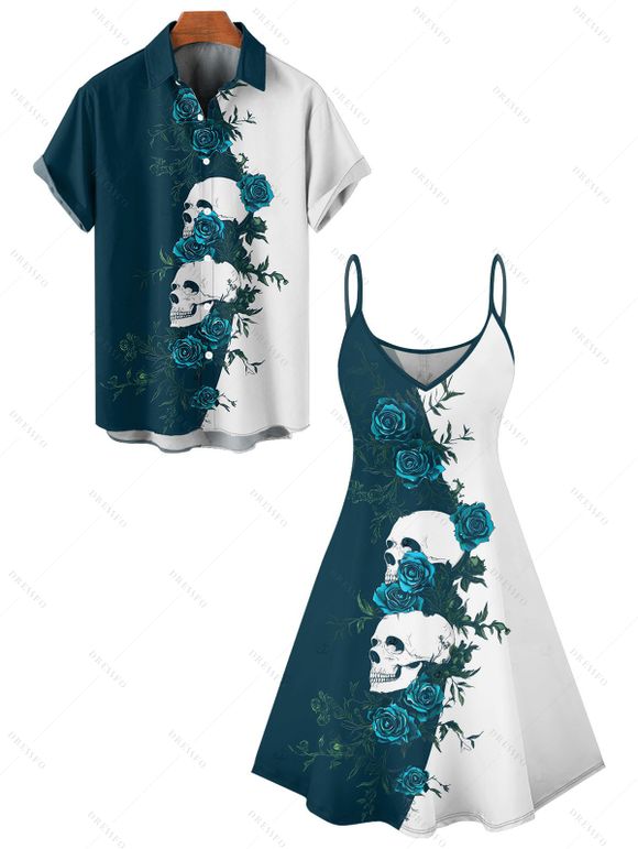 Gothic Couple Outfit Monochrome Rose Skulls Pattern Spaghetti Strap Tank Dress and Button Up Shirt Holiday Matching Outfit - Bleu profond S | US 4
