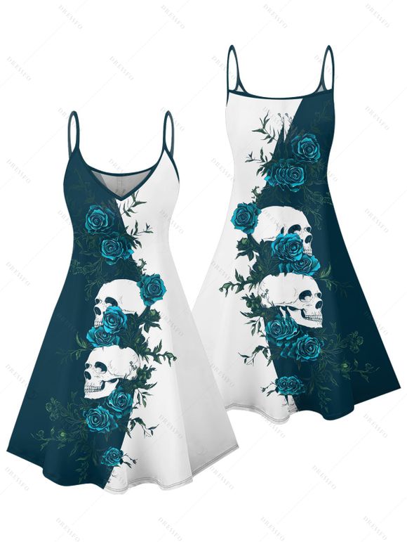 Gothic Couple Outfit Monochrome Rose Skulls Pattern Spaghetti Strap Tank Dress and Button Up Shirt Holiday Matching Outfit - Bleu profond S | US 4