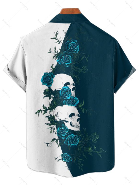 Gothic Couple Outfit Monochrome Rose Skulls Pattern Spaghetti Strap Tank Dress and Button Up Shirt Holiday Matching Outfit - Bleu profond S | US 4