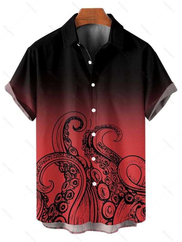 Chemise de vacances à motif poulpe ombré pour homme, boutonnée, retroussée, manches courtes, pour la plage - Rouge 5XL