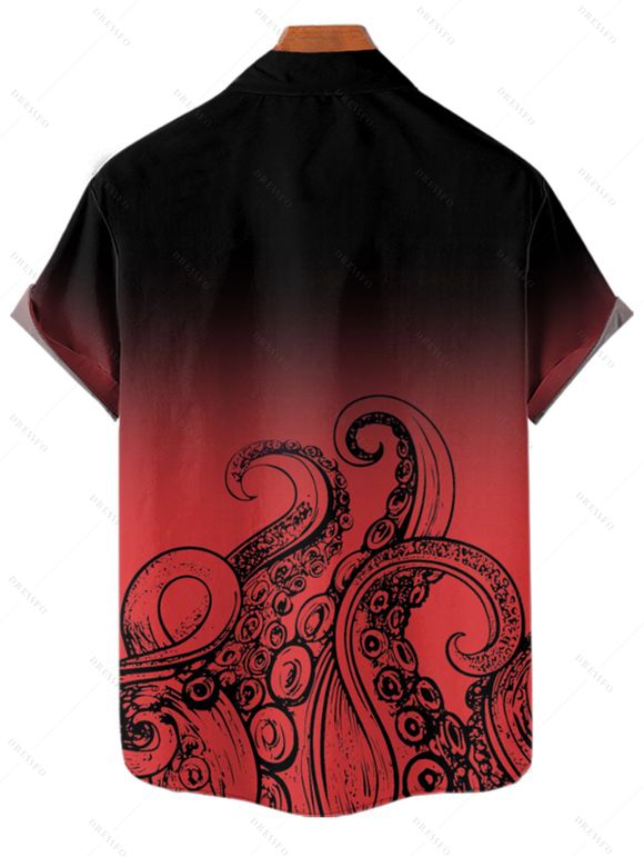 Chemise de vacances à motif poulpe ombré pour homme, boutonnée, retroussée, manches courtes, pour la plage - Rouge 5XL