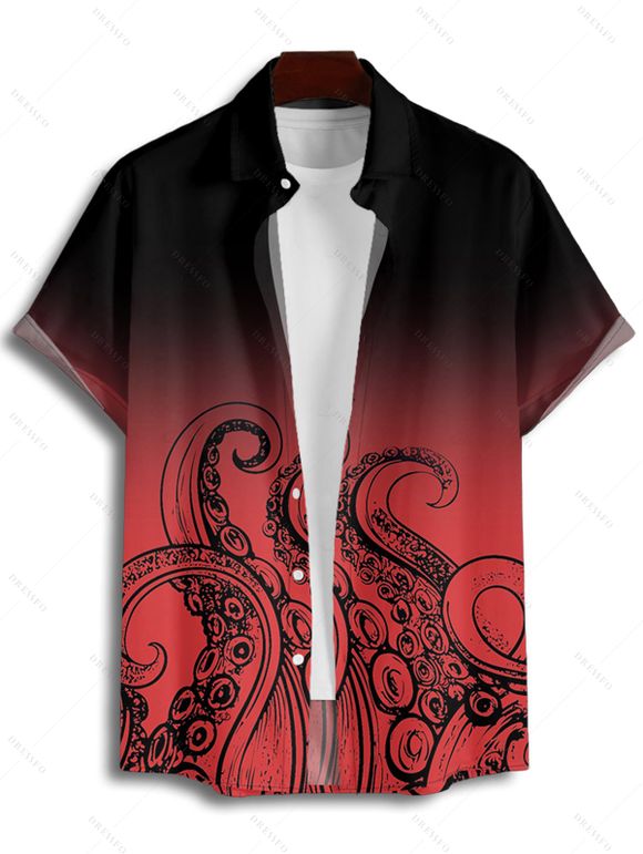 Chemise de vacances à motif poulpe ombré pour homme, boutonnée, retroussée, manches courtes, pour la plage - Rouge 5XL