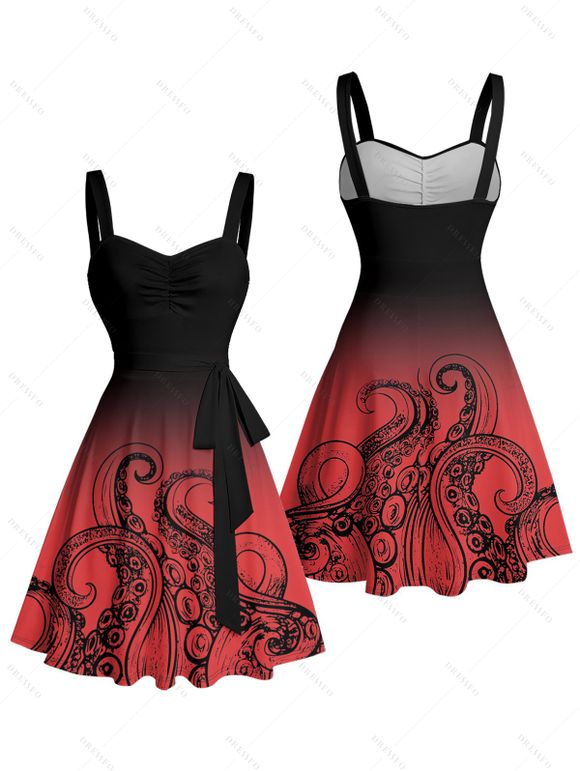 Robe de plage courte à col en cœur et ceinture froncée à motif pieuvre ombré - Rouge XXXXXL | US 20