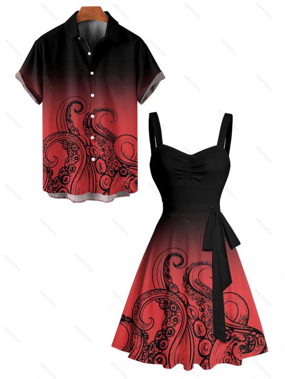 Vacation Couple Outfit Ombre Octopus Pattern Ruched Bust Belt Sweetheart Neck Dress and Button Up Shirt Beach Matching Outfit - Rouge S | US 4