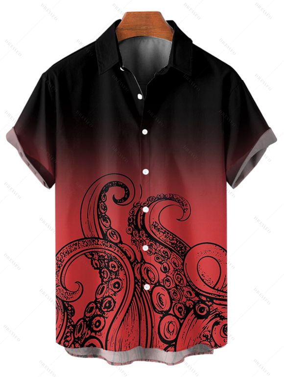 Vacation Couple Outfit Ombre Octopus Pattern Ruched Bust Belt Sweetheart Neck Dress and Button Up Shirt Beach Matching Outfit - Rouge S | US 4