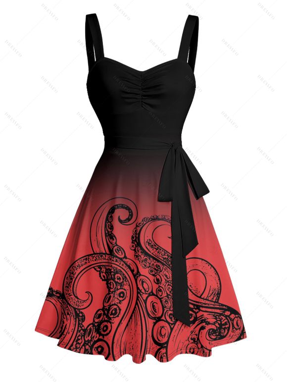 Vacation Couple Outfit Ombre Octopus Pattern Ruched Bust Belt Sweetheart Neck Dress and Button Up Shirt Beach Matching Outfit - Rouge S | US 4