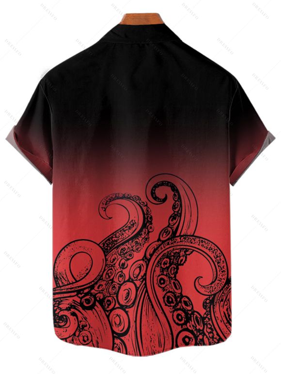 Vacation Couple Outfit Ombre Octopus Pattern Ruched Bust Belt Sweetheart Neck Dress and Button Up Shirt Beach Matching Outfit - Rouge S | US 4