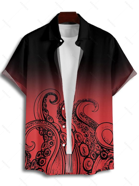 Vacation Couple Outfit Ombre Octopus Pattern Ruched Bust Belt Sweetheart Neck Dress and Button Up Shirt Beach Matching Outfit - Rouge S | US 4