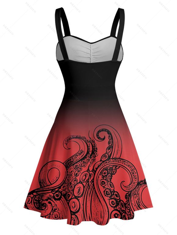 Vacation Couple Outfit Ombre Octopus Pattern Ruched Bust Belt Sweetheart Neck Dress and Button Up Shirt Beach Matching Outfit - Rouge S | US 4
