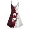 Robe gothique monochrome à motif de crânes de roses, bretelles spaghetti, col en V, coupe trapèze, mini-robe débardeur de vacances - Rouge foncé XXXXXL | US 20