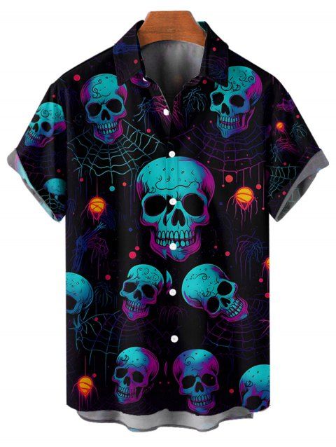 Chemise gothique à manches courtes et boutons pour homme, motif tête de mort et toile d'araignée