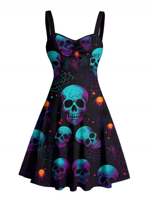 Robe gothique à imprimé tête de mort et toile d'araignée, buste froncé, décolleté en cœur, mini robe de vacances trapèze