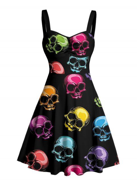 Robe gothique à imprimé tête de mort colorée, buste froncé, col en cœur, mini robe de vacances trapèze