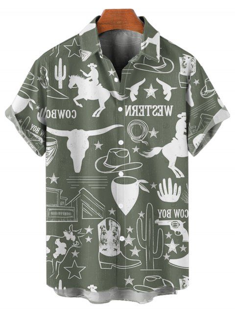 Chemise de vacances pour homme, style cowboy western, motif cactus, lettres, boutonnée, retroussée, manches courtes, style cottagecore
