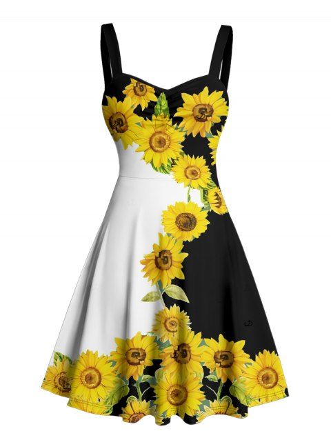 Sunflower Pattern Contrast Color Ruched Bust Vacation Dress Sweetheart Neck A Line Mini Casual Dress