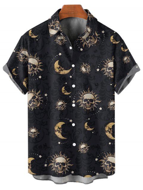 Chemise gothique à manches courtes et boutons, motif soleil, lune, étoiles et crânes, idéale pour les fêtes