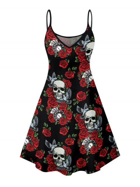 Rose Leaf Retro Skulls Print Gothic Dress Spaghetti Strap V Neck A Line Mini Holiday Tank Dress