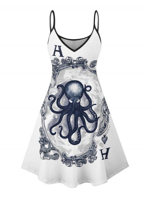 Robe de vacances à imprimé cartes à jouer poulpe, bretelles spaghetti, col en V, coupe trapèze, mini, décontractée