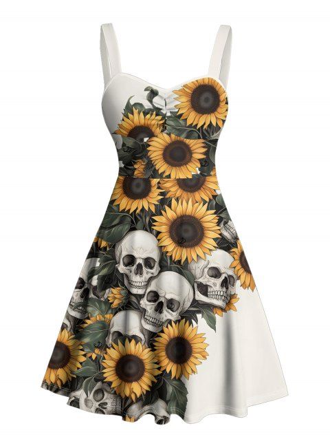 Robe gothique à imprimé feuilles et crânes de tournesol, buste froncé, col en cœur, coupe trapèze, mini robe de vacances