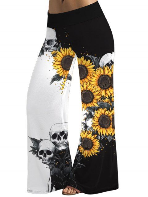 Pantalon gothique monochrome à motif de crânes de tournesol, pantalon élastique taille haute pour les vacances, pantalon large
