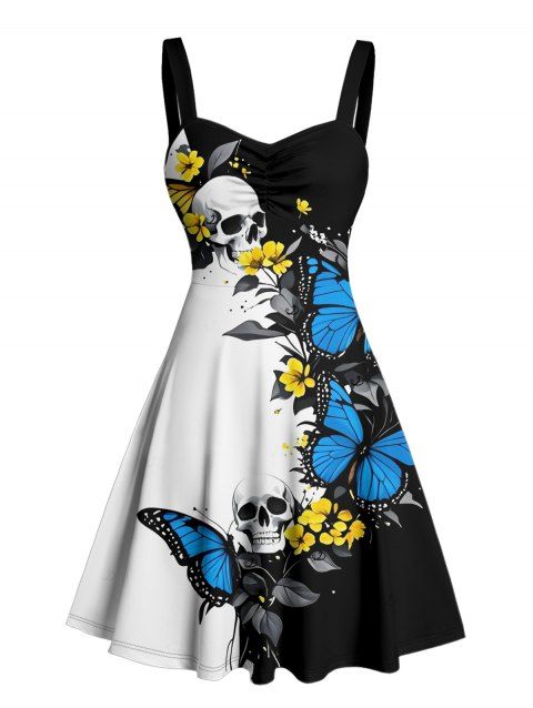 Robe gothique monochrome à imprimé papillon et tête de mort, buste froncé, décolleté en cœur, mini robe de vacances trapèze