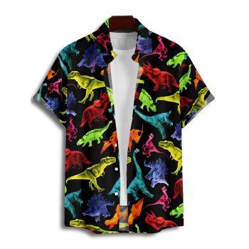 Men's Colored Dinosaur Print Gothic Shirt Button Up Roll Up Short Sleeve Holiday Shirt