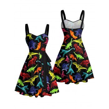 Colored Dinosaur Print Ruched Bust Belt Gothic Dress Sweetheart Neck A Line Mini Holiday Dress