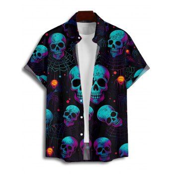 Gothic Couple Outfit Skulls Spider Web Print Ruched Bust Sweetheart Neck A Line Mini Dress and Button Up Shirt Holiday Matching Outfit