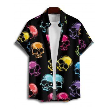 Men's Colored Skull Print Gothic Shirt Button Up Roll Up Short Sleeve Holiday Shirt