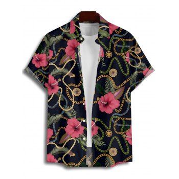 Men's Allover Chain Floral Pattern Vacation Shirt Button Up Roll Up Short Sleeve Casual Shirt