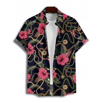 Vacation Couple Outfit Allover Chain Floral Pattern Ruched Bust Belt Sweetheart Neck A Line Mini Dress and Button Up Shirt Casual Matching Outfit