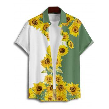Men's Sunflower Pattern Contrast Color Vacation Shirt Button Up Roll Up Short Sleeve Casual Shirt