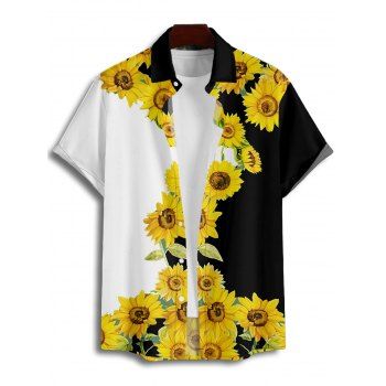 Vacation Couple Outfit Sunflower Pattern Contrast Color Ruched Bust Sweetheart Neck A Line Mini Dress and Button Up Shirt Matching Outfit
