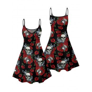 Rose Leaf Retro Skulls Print Gothic Dress Spaghetti Strap V Neck A Line Mini Holiday Tank Dress