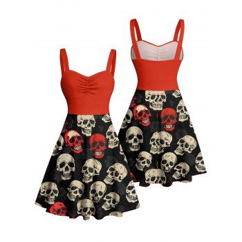 Retro Colorblock Skulls Print Ruched Bust Belt Gothic Dress Sweetheart Neck A Line Mini Holiday Dress