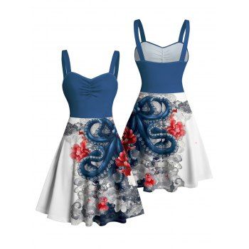 Octopus Floral Wave Marine Life Print Ruched Bust Vacation Dress Sweetheart Neck A Line Mini Beach Dress