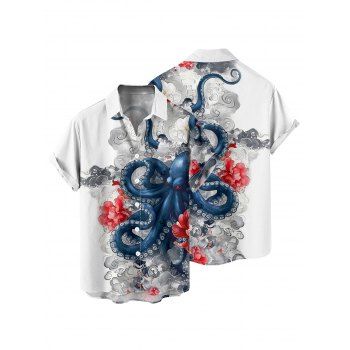Vacation Couple Outfit Octopus Floral Wave Marine Life Print Ruched Bust Dress and Button Up Shirt Beach Matching Outfit