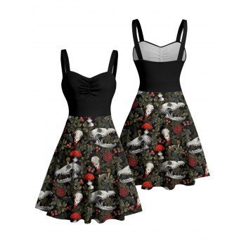 Skull Plant Mushroom Print Ruched Bust Gothic Dress Sweetheart Neck A Line Mini Vacation Dress