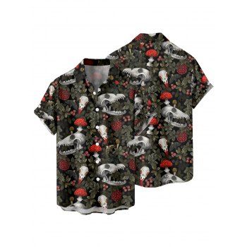 Gothic Couple Outfit Skull Plant Mushroom Print Ruched Bust Sweetheart Neck A Line Mini Dress and Button Up Shirt Vacation Matching Outfit