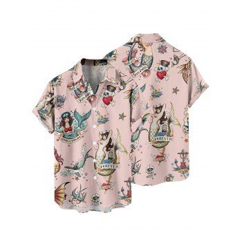 Men's Mermaid Skulls Letter Print Vintage Shirt Button Up Roll Up Short Sleeve Vacation Shirt