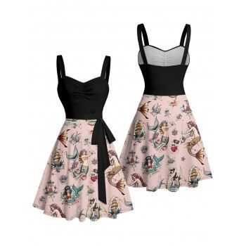 Mermaid Skulls Letter Print Ruched Bust Belt Vintage Dress Sweetheart Neck A Line Mini Vacation Dress
