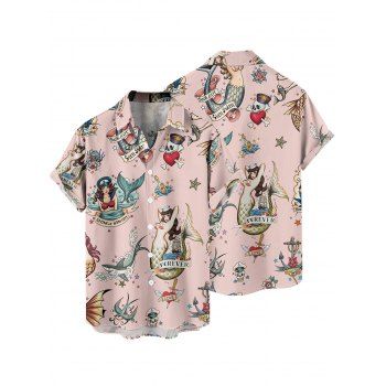 Vintage Couple Outfit Mermaid Skulls Letter Print Ruched Bust Belt Sweetheart Neck A Line Mini Dress and Button Up Shirt Vacation Matching Outfit