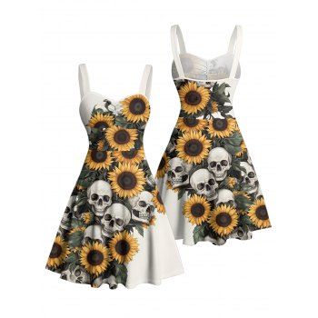 Sunflower Skulls Leaf Print Ruched Bust Gothic Dress Sweetheart Neck A Line Mini Holiday Dress