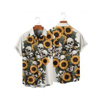 Gothic Couple Outfit Sunflower Skulls Leaf Print Ruched Bust Sweetheart Neck A Line Mini Dress and Button Up Shirt Holiday Matching Outfit
