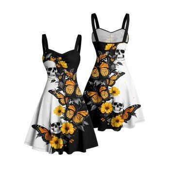 Skulls Butterfly Print Monochrome Ruched Bust Gothic Dress Sweetheart Neck A Line Mini Holiday Dress